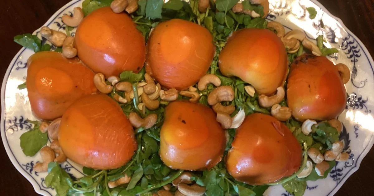 Warm Persimmon Watercress Salad with Cashews