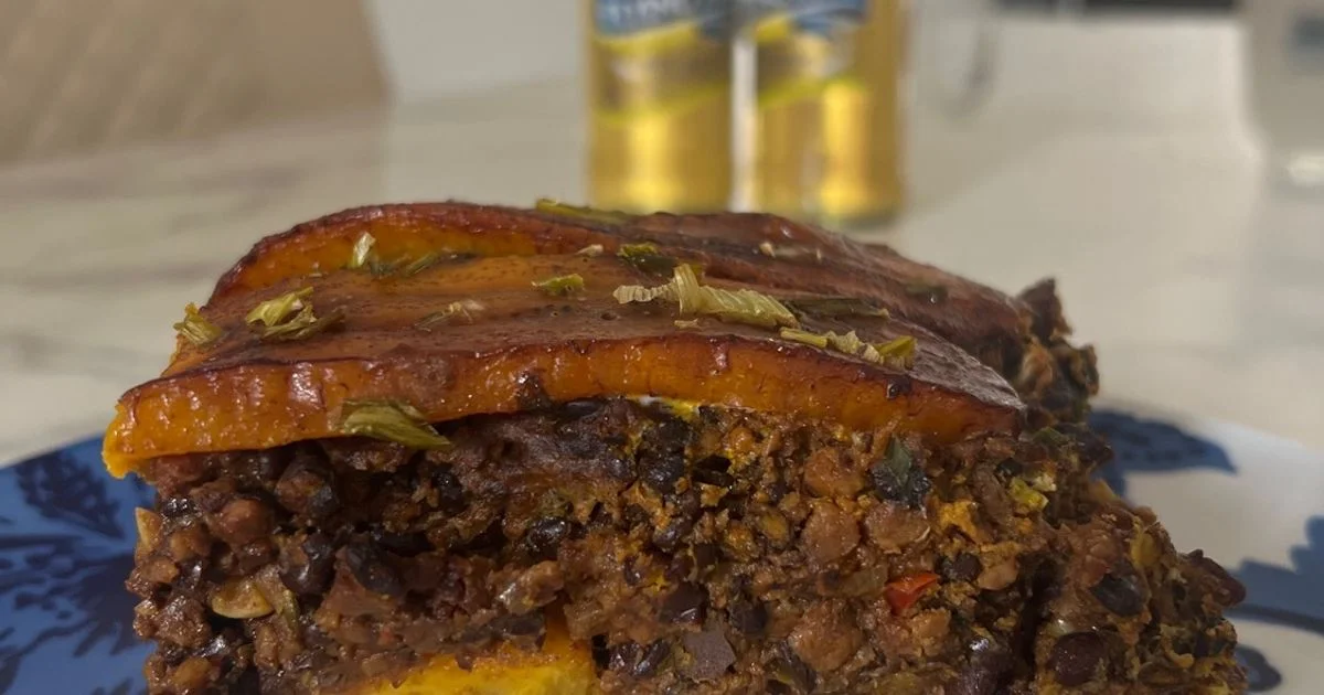 Pastelon Plantain Lasagna with Black Beans and Cocoyam